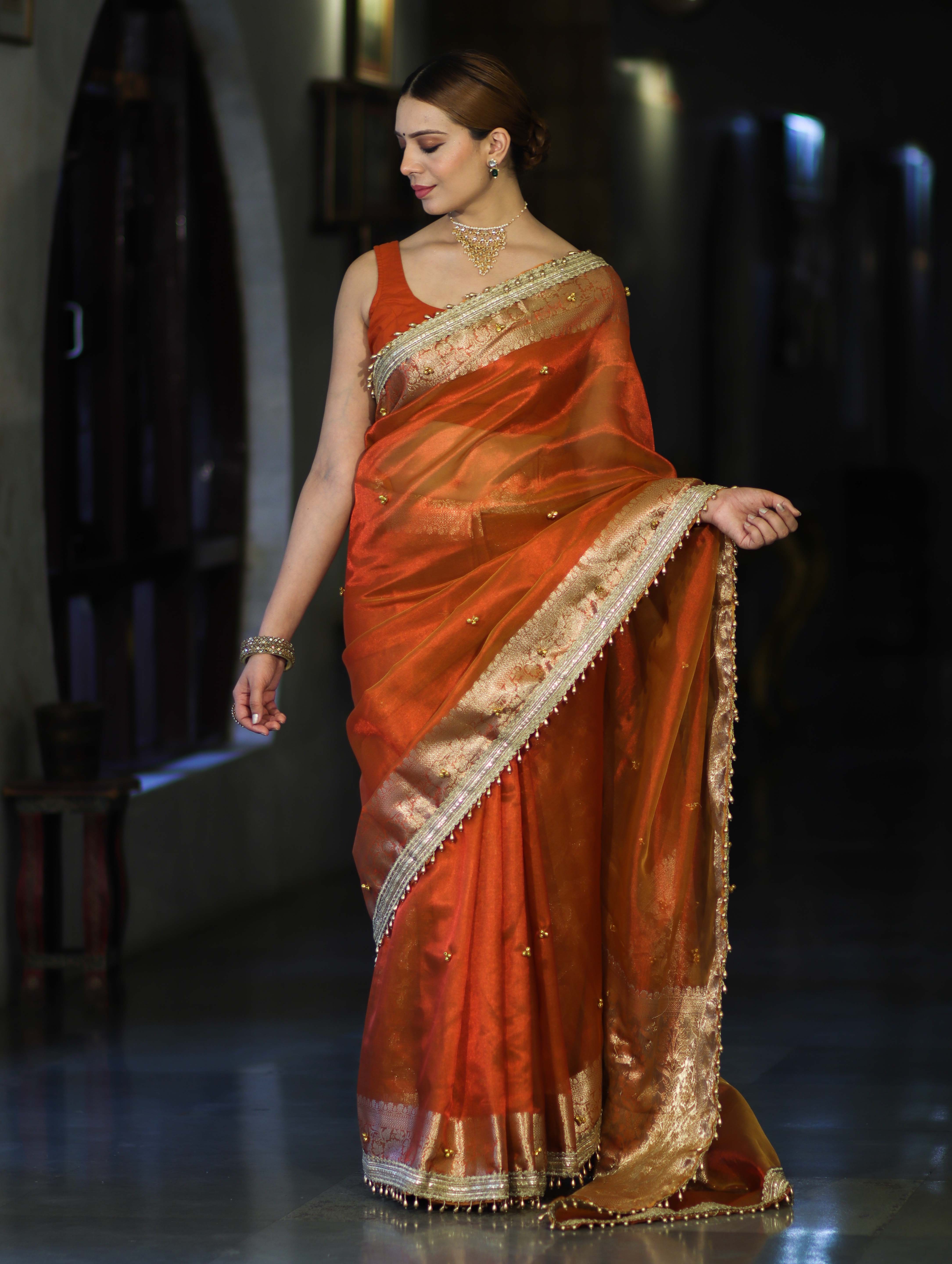 Banarasee Handwoven Tissue Saree With Embroidered Ghungroo Work-Rust (Dual Tone)