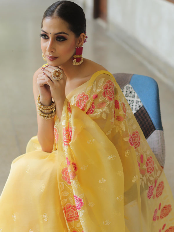 Banarasee Pure Organza Silk Saree With Floral Resham Embroidery-Yellow