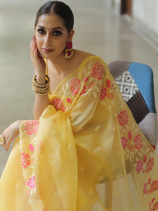 Banarasee Pure Organza Silk Saree With Floral Resham Embroidery-Yellow