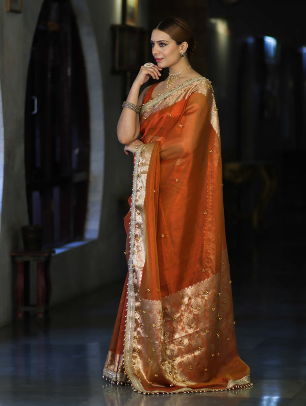 Banarasee Handwoven Tissue Saree With Embroidered Ghungroo Work-Rust (Dual Tone)