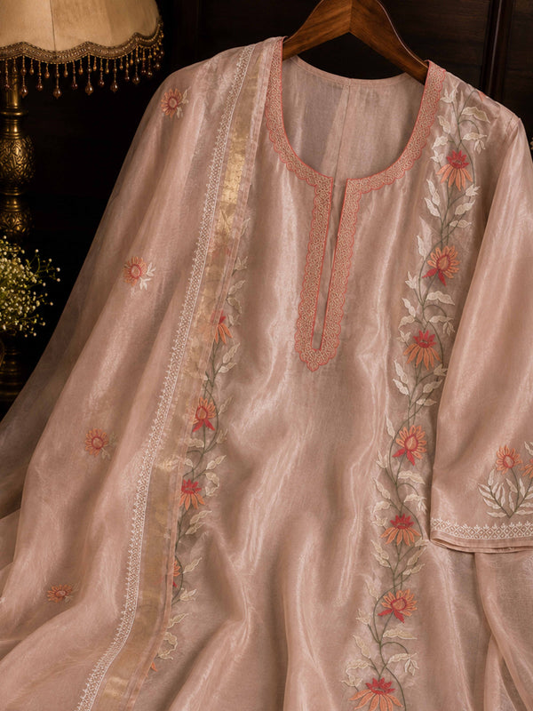 Banarasee Soft Tissue Thread Embroidered Semi-Stitched Salwar Kameez Fabric With Dupatta Set-Peach