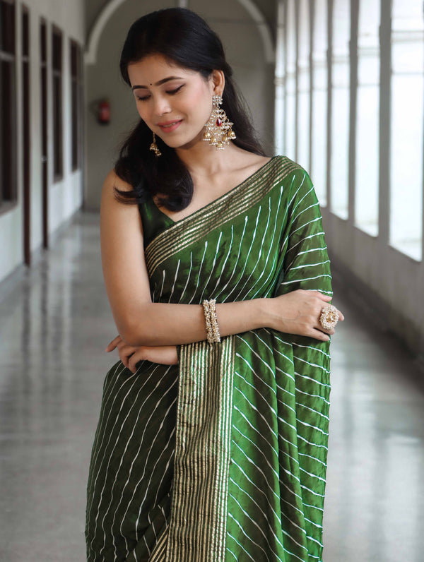 Banarasee Semi Silk Saree With Leheriya Design & Zari Border-Olive Green