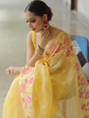Banarasee Pure Organza Silk Saree With Floral Resham Embroidery-Yellow