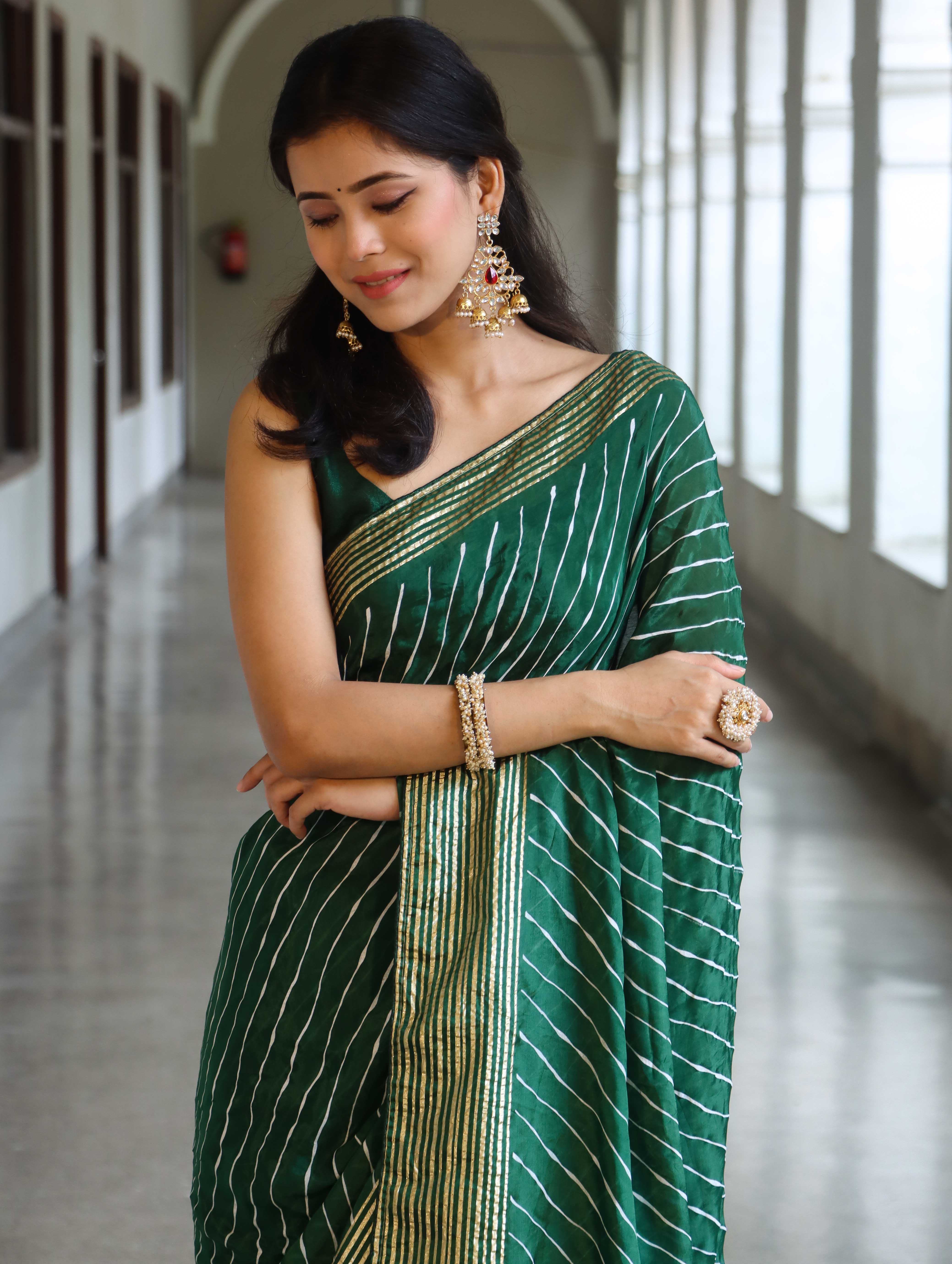 Banarasee Semi Silk Saree With Leheriya Design & Zari Border-Deep Green
