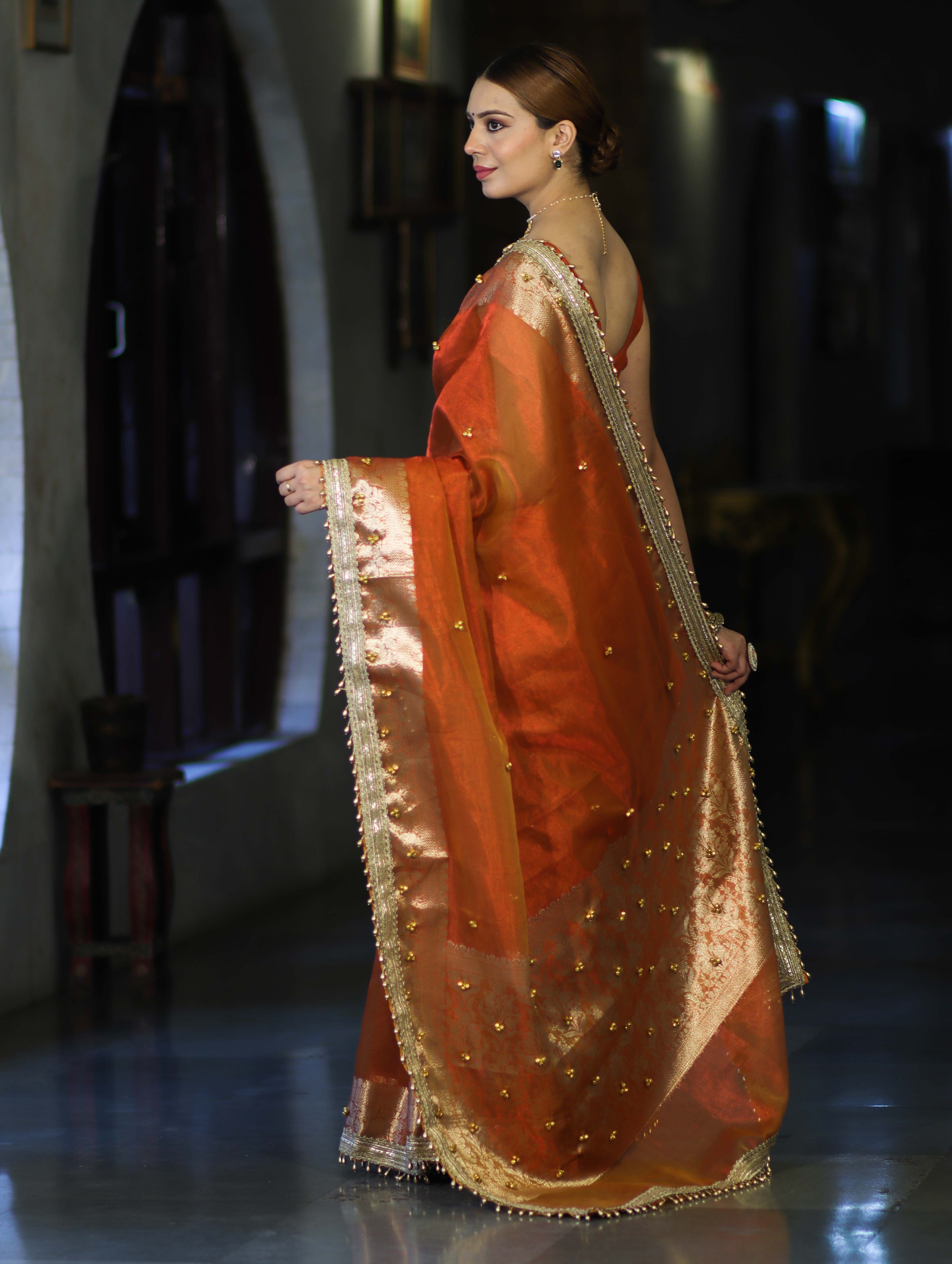 Banarasee Handwoven Tissue Saree With Embroidered Ghungroo Work-Rust (Dual Tone)