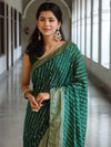 Banarasee Semi Silk Saree With Leheriya Design & Zari Border-Deep Green