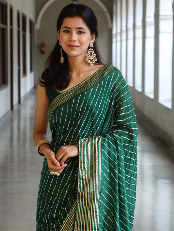 Banarasee Semi Silk Saree With Leheriya Design & Zari Border-Deep Green