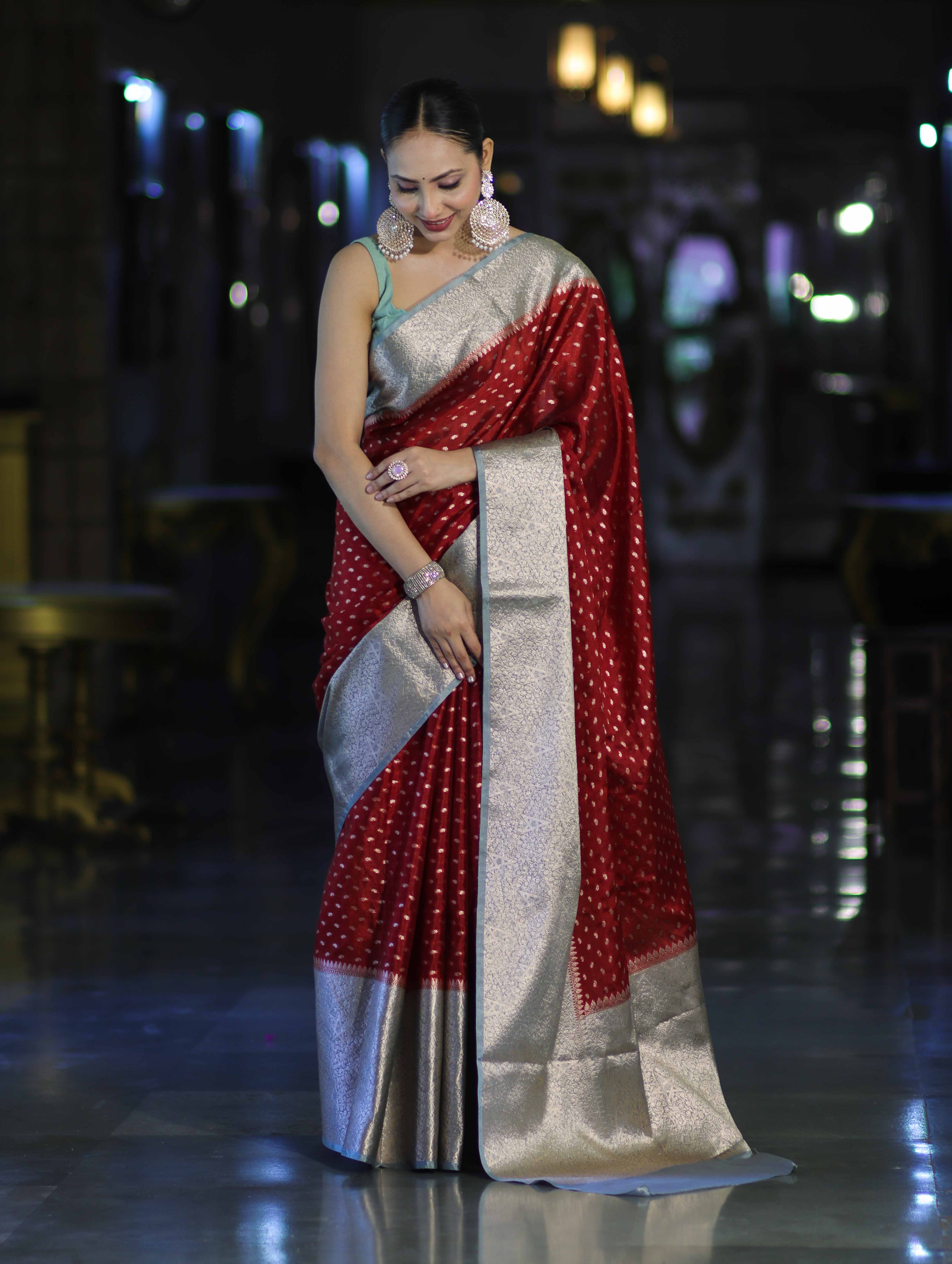 Banarasee Semi Chiffon Saree With Buti Design & Contrast Zari Border-Maroon & Mint Blue