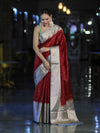 Banarasee Semi Chiffon Saree With Buti Design & Contrast Zari Border-Maroon & Mint Blue