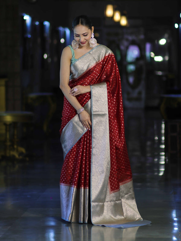 Banarasee Semi Chiffon Saree With Buti Design & Contrast Zari Border-Maroon & Mint Blue