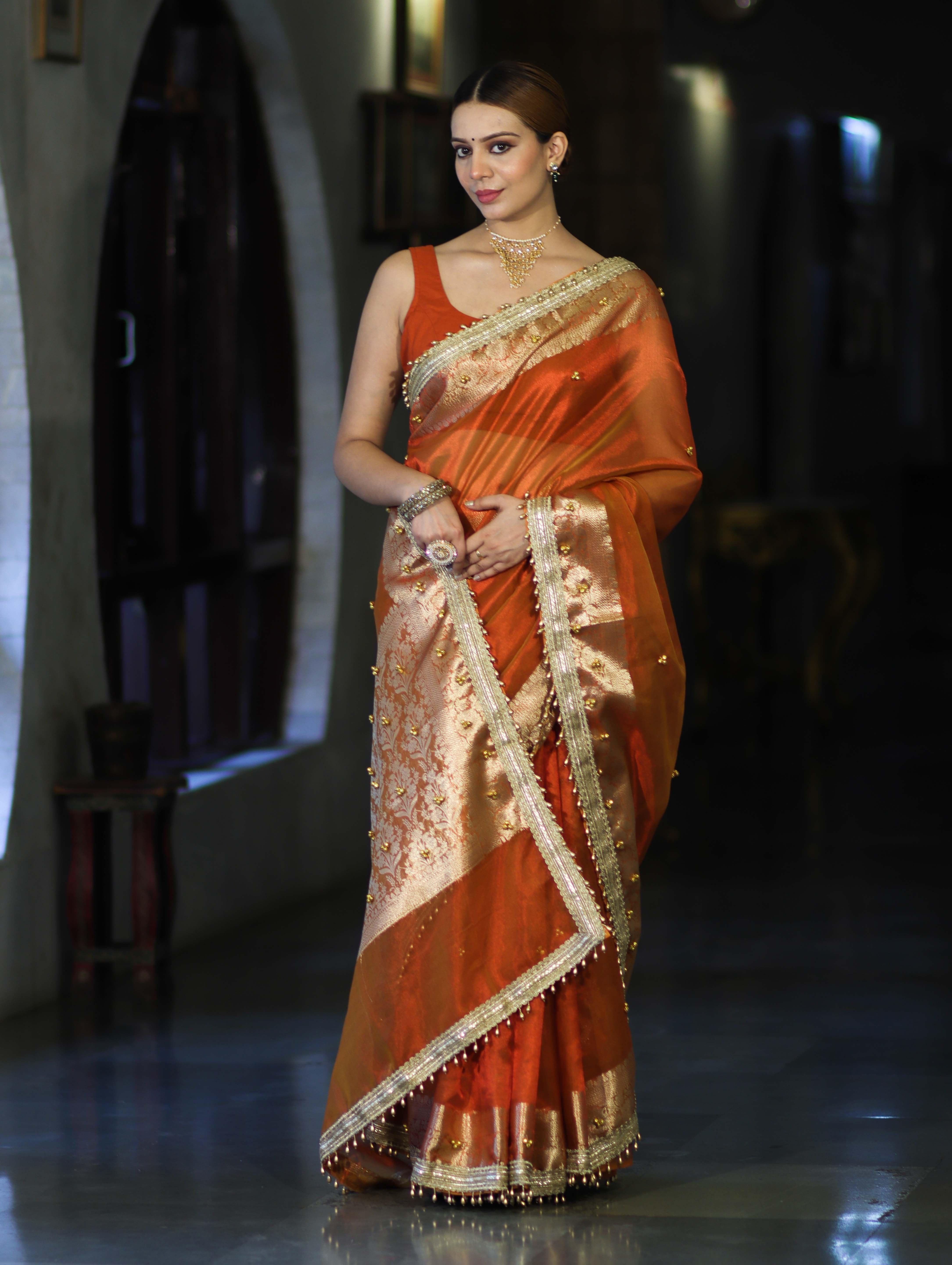 Banarasee Handwoven Tissue Saree With Embroidered Ghungroo Work-Rust (Dual Tone)