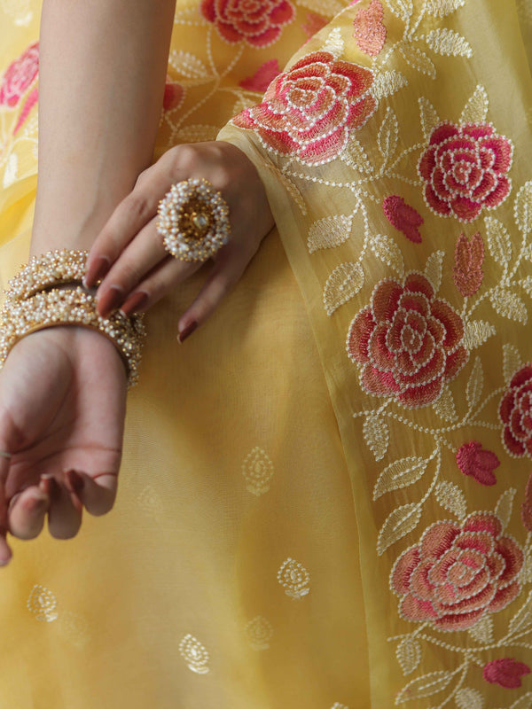 Banarasee Pure Organza Silk Saree With Floral Resham Embroidery-Yellow