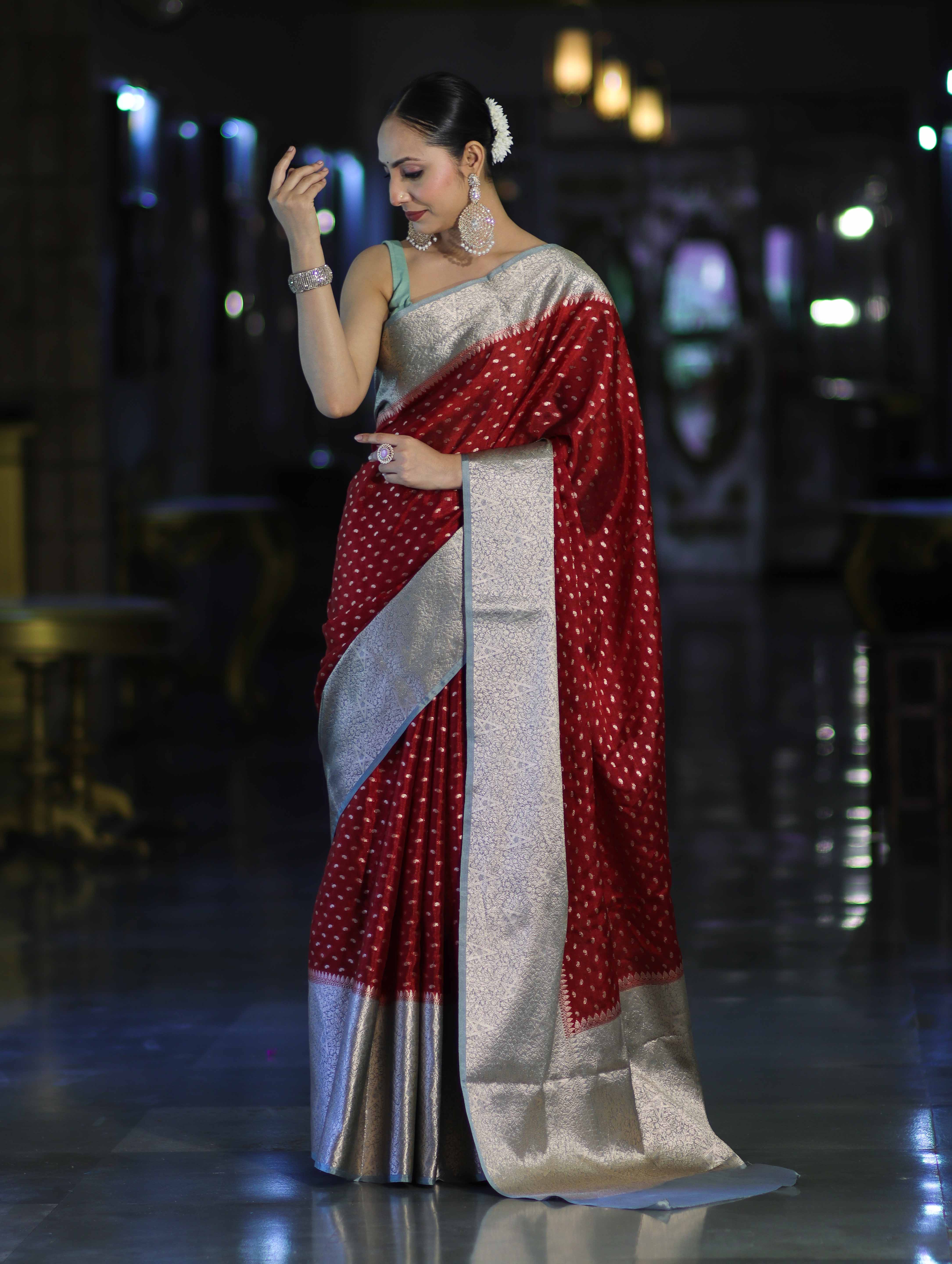 Banarasee Semi Chiffon Saree With Buti Design & Contrast Zari Border-Maroon & Mint Blue