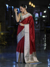 Banarasee Semi Chiffon Saree With Buti Design & Contrast Zari Border-Maroon & Mint Blue