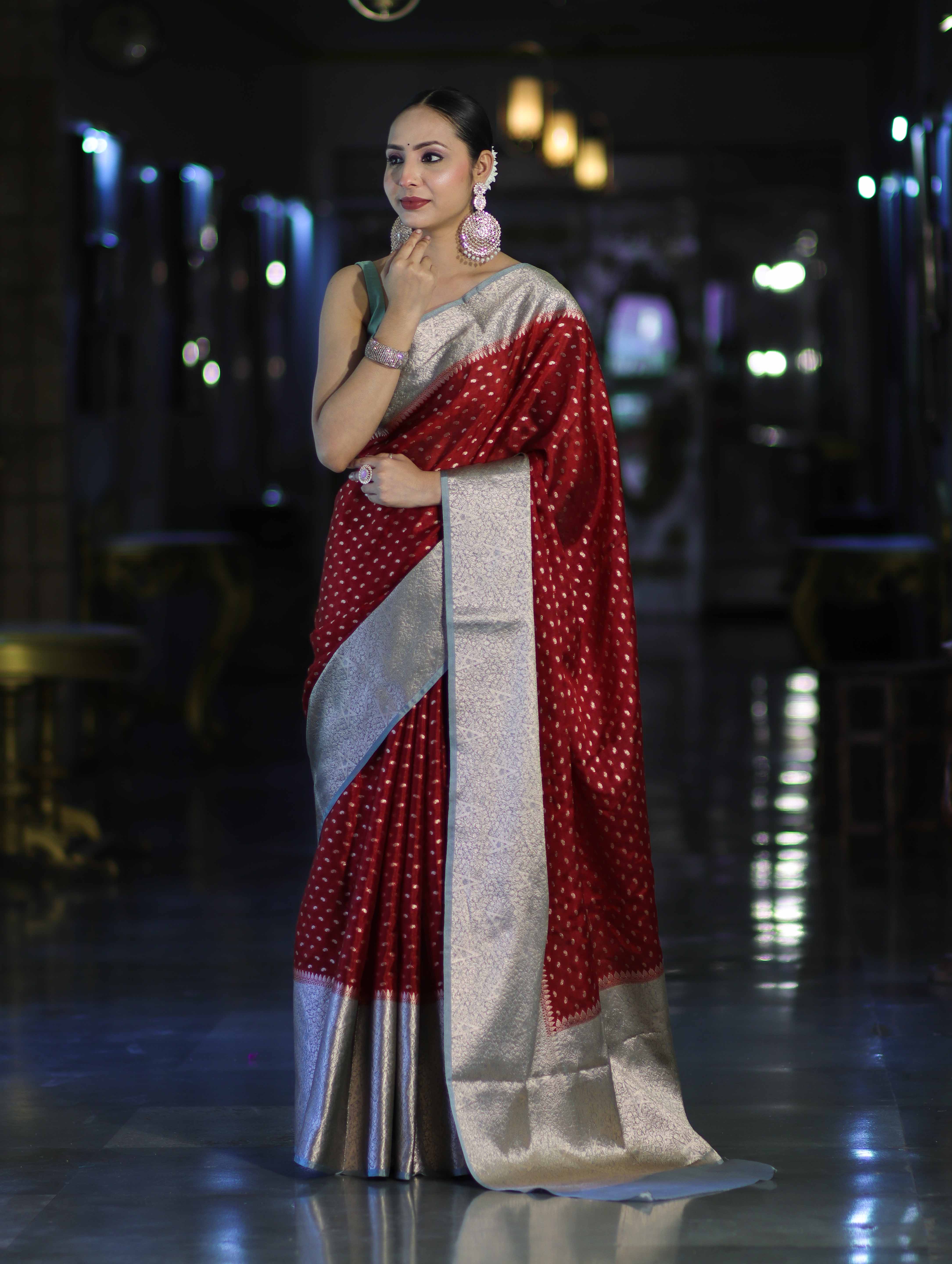 Banarasee Semi Chiffon Saree With Buti Design & Contrast Zari Border-Maroon & Mint Blue
