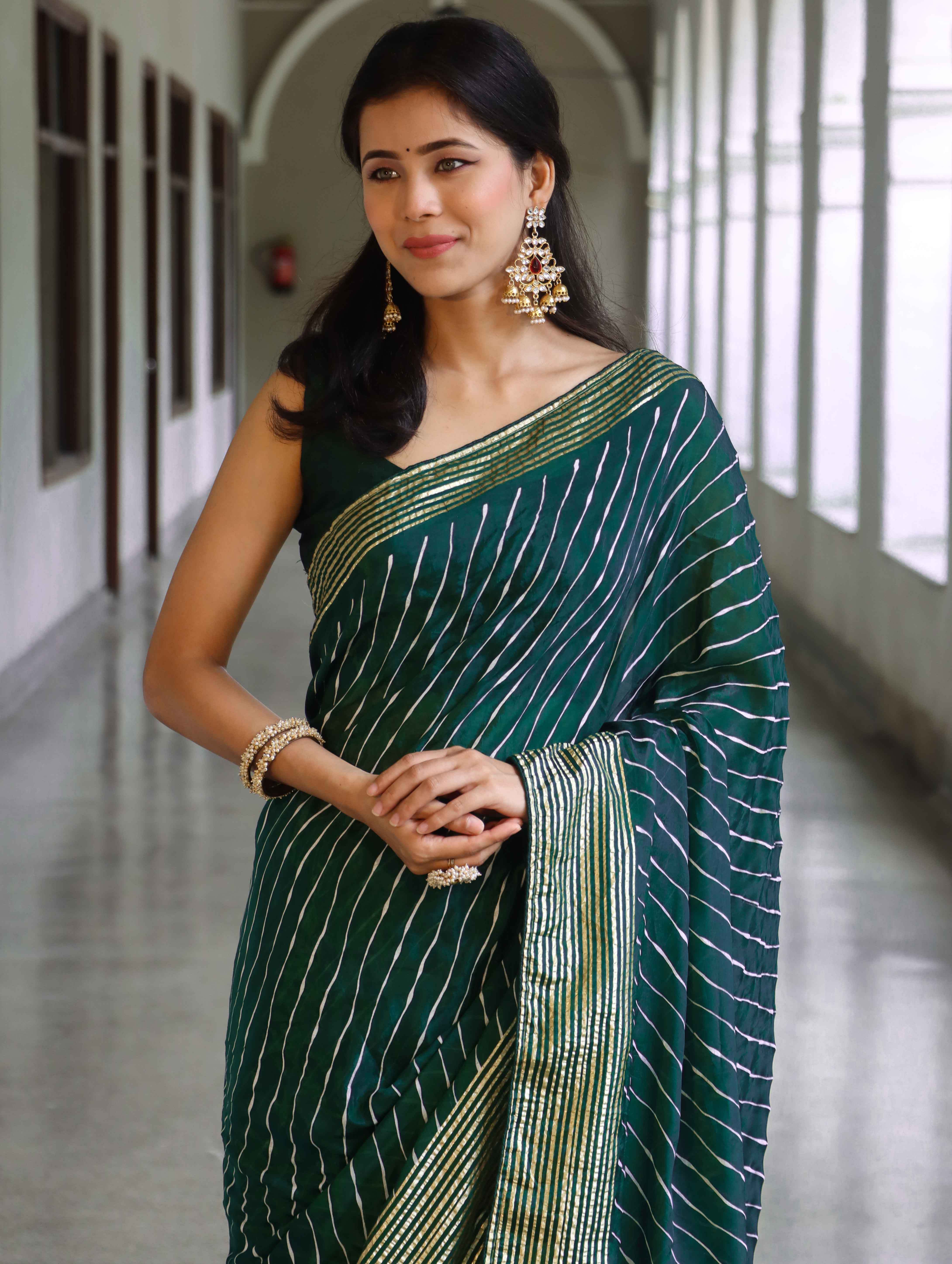 Banarasee Semi Silk Saree With Leheriya Design & Zari Border-Teal Blue