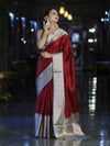Banarasee Semi Chiffon Saree With Buti Design & Contrast Zari Border-Maroon & Mint Blue