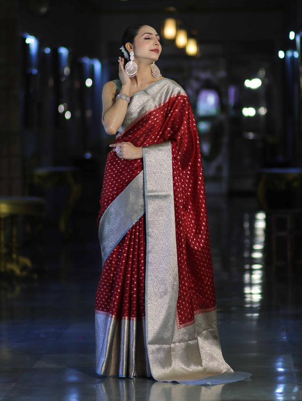 Banarasee Semi Chiffon Saree With Buti Design & Contrast Zari Border-Maroon & Mint Blue