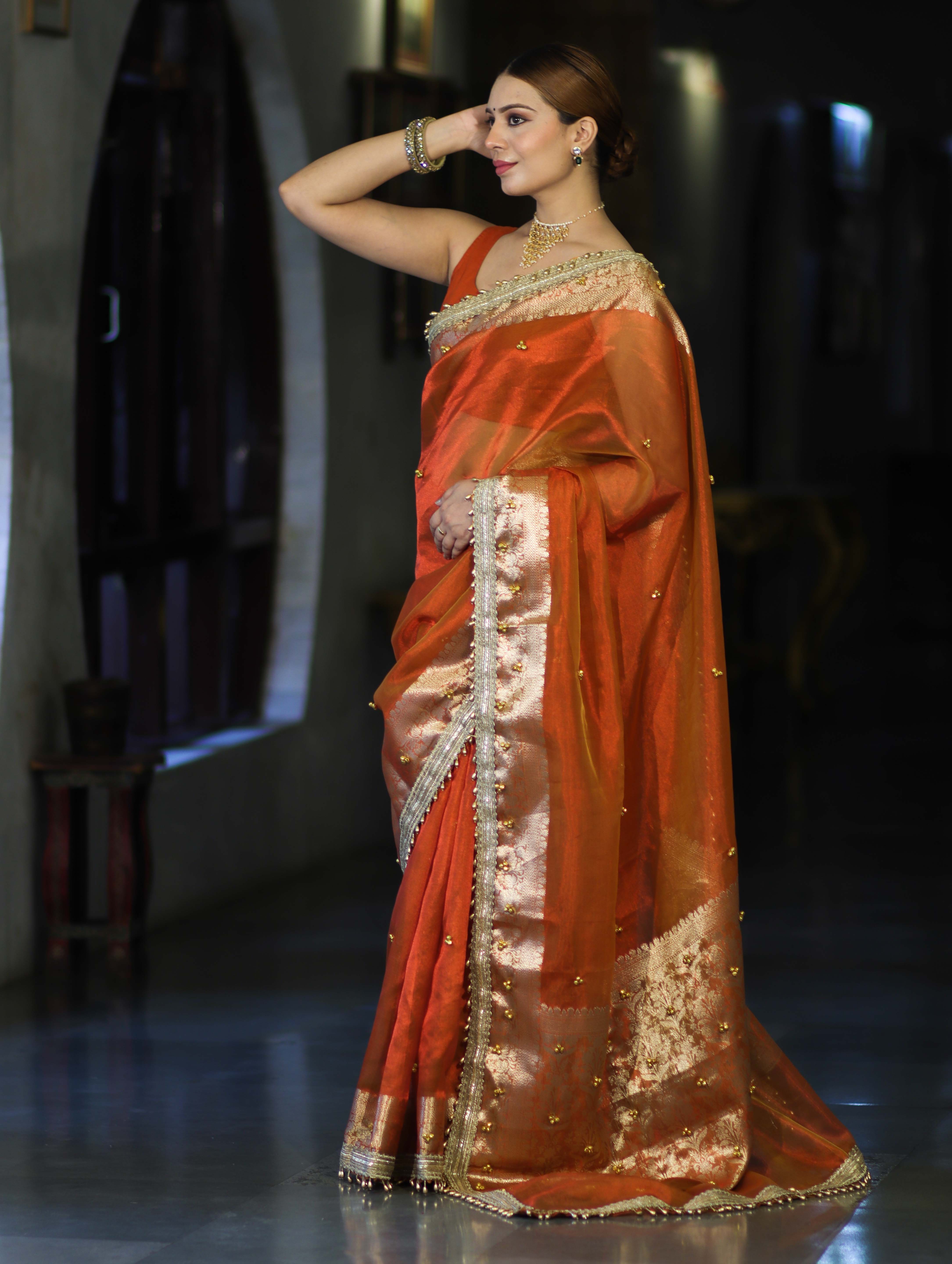 Banarasee Handwoven Tissue Saree With Embroidered Ghungroo Work-Rust (Dual Tone)