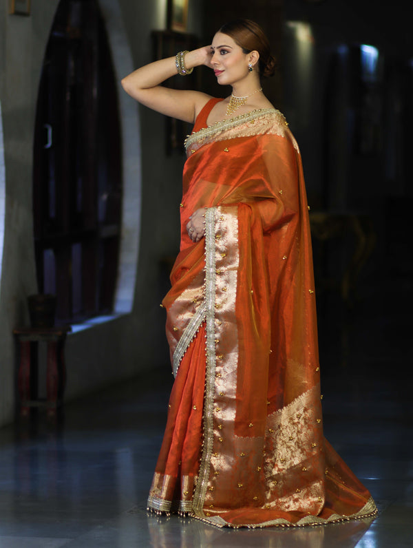 Banarasee Handwoven Tissue Saree With Embroidered Ghungroo Work-Rust (Dual Tone)
