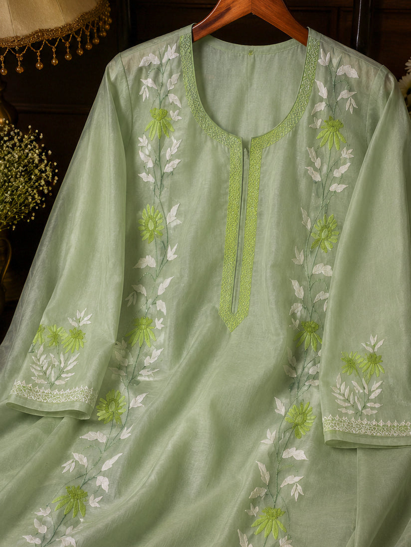 Banarasee Soft Tissue Thread Embroidered Semi-Stitched Salwar Kameez Fabric With Dupatta Set-Light Green