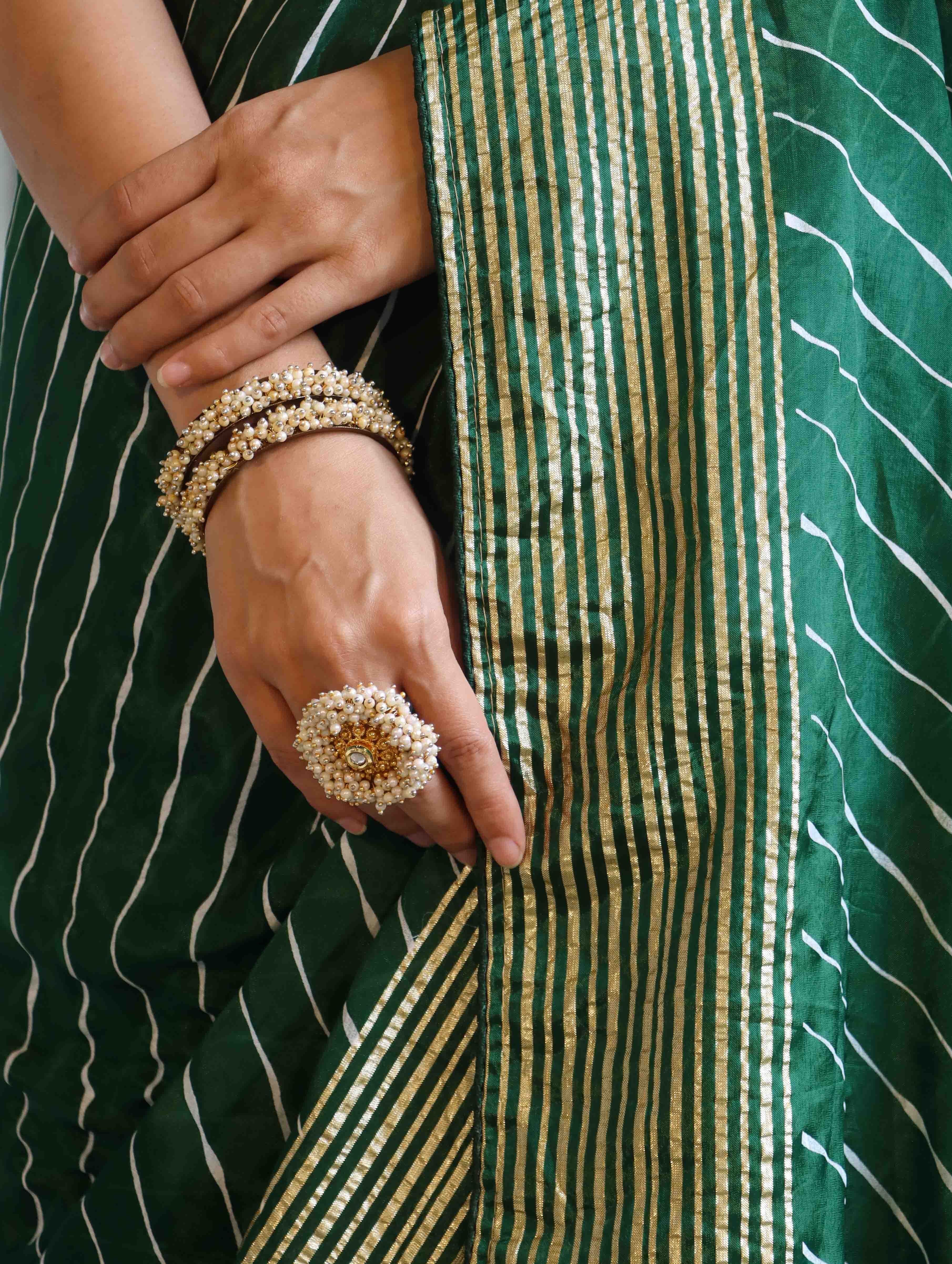 Banarasee Semi Silk Saree With Leheriya Design & Zari Border-Deep Green