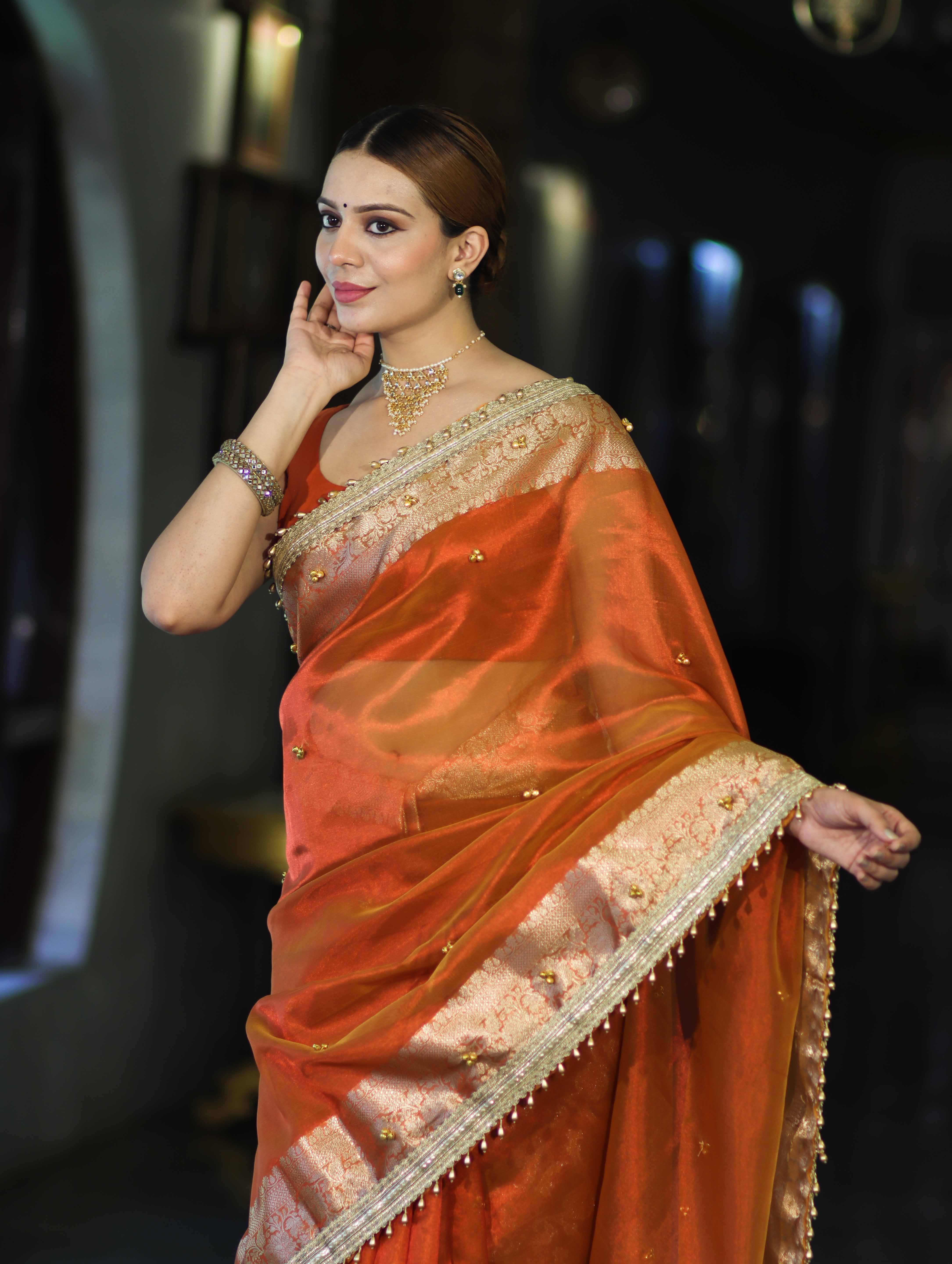 Banarasee Handwoven Tissue Saree With Embroidered Ghungroo Work-Rust (Dual Tone)