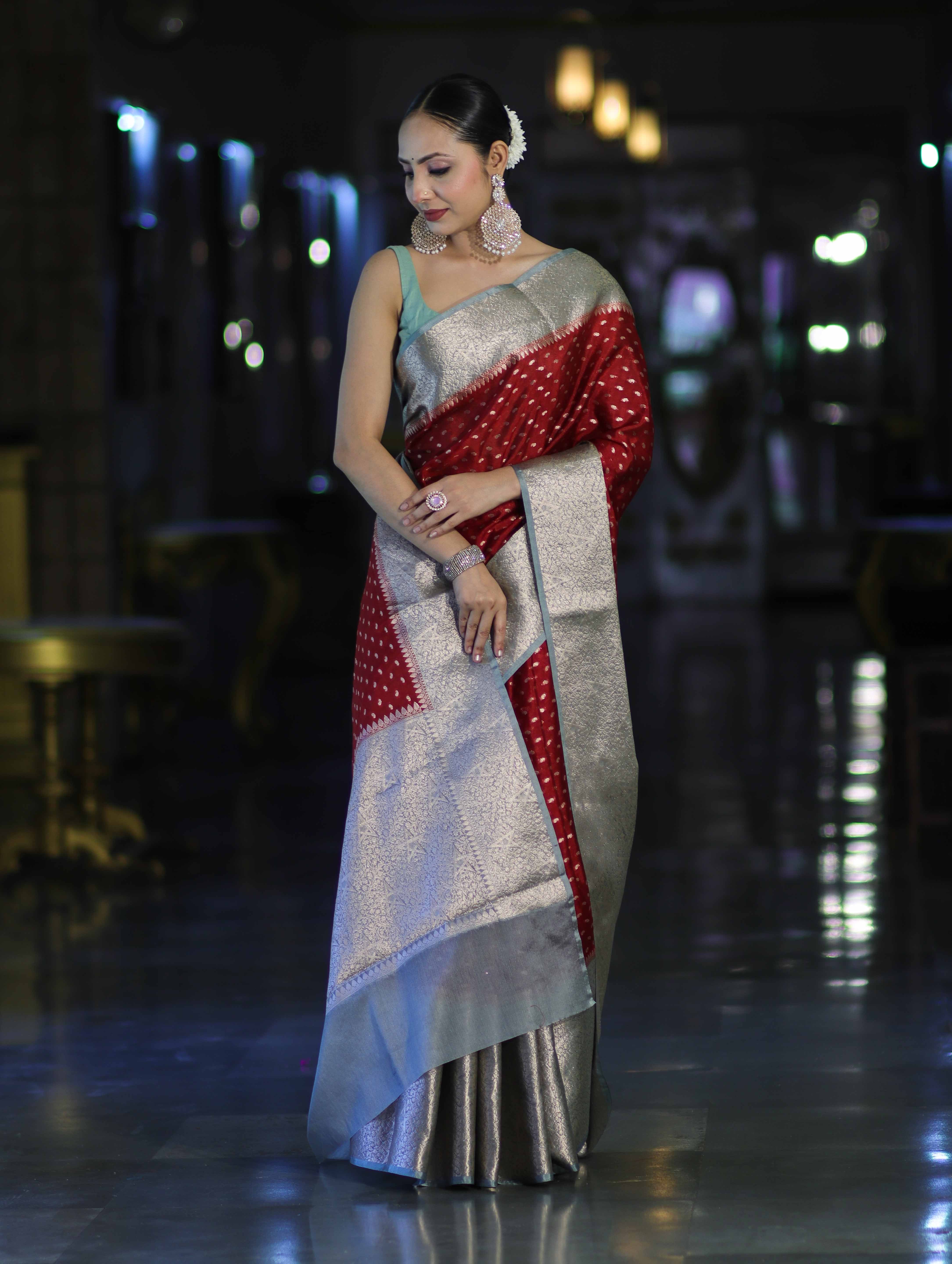 Banarasee Semi Chiffon Saree With Buti Design & Contrast Zari Border-Maroon & Mint Blue