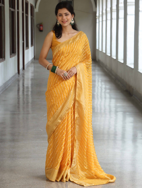 Banarasee Semi Silk Saree With Leheriya Design & Zari Border-Yellow