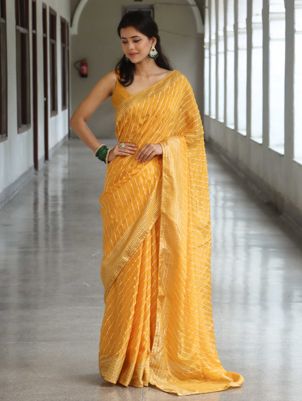 Banarasee Semi Silk Saree With Leheriya Design & Zari Border-Yellow