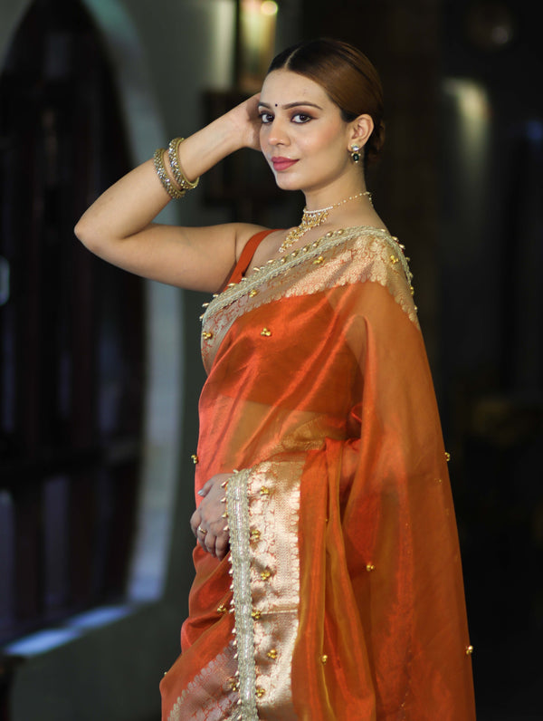 Banarasee Handwoven Tissue Saree With Embroidered Ghungroo Work-Rust (Dual Tone)