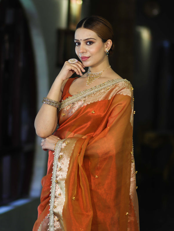 Banarasee Handwoven Tissue Saree With Embroidered Ghungroo Work-Rust (Dual Tone)