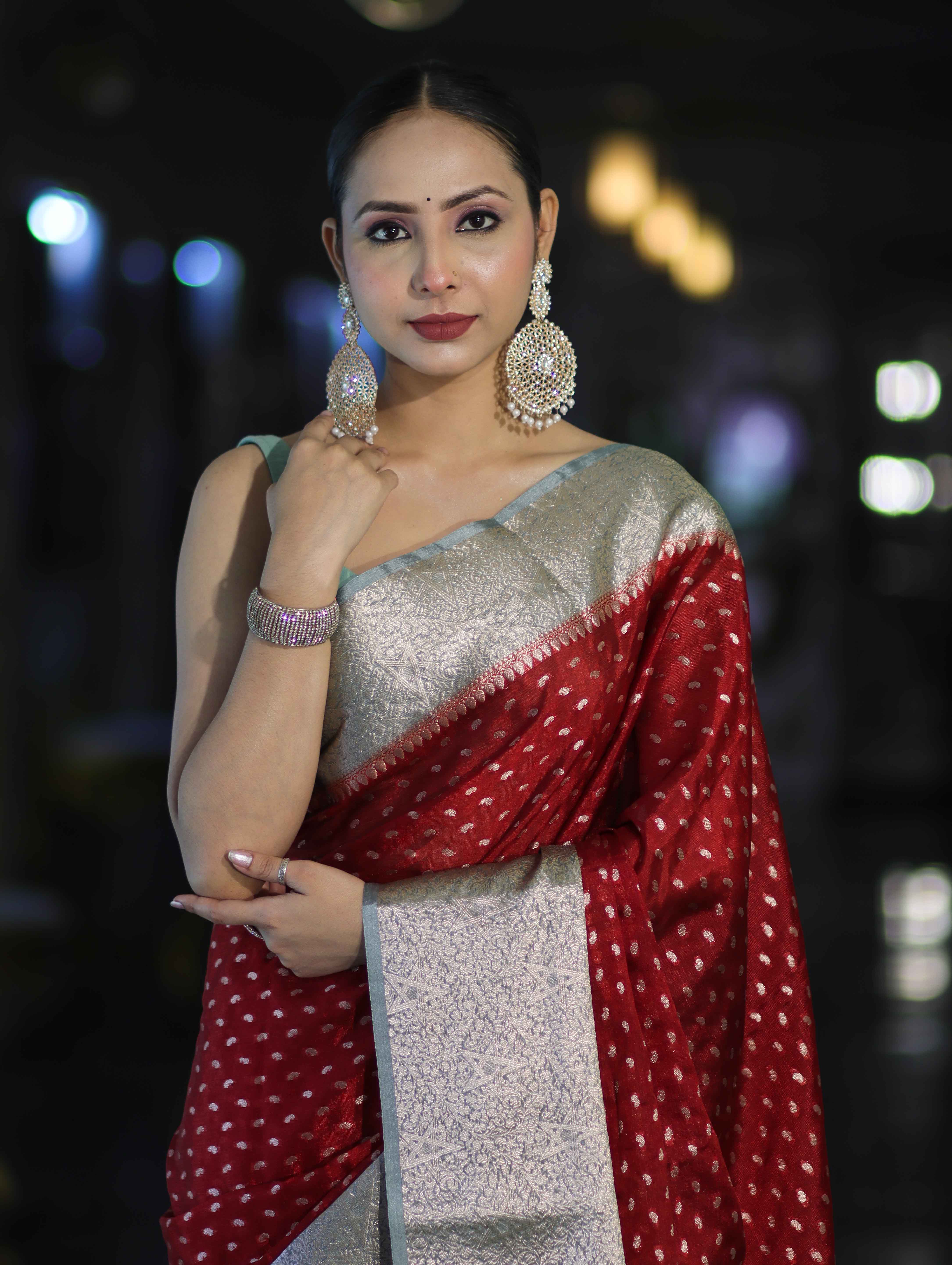 Banarasee Semi Chiffon Saree With Buti Design & Contrast Zari Border-Maroon & Mint Blue