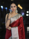 Banarasee Semi Chiffon Saree With Buti Design & Contrast Zari Border-Maroon & Mint Blue