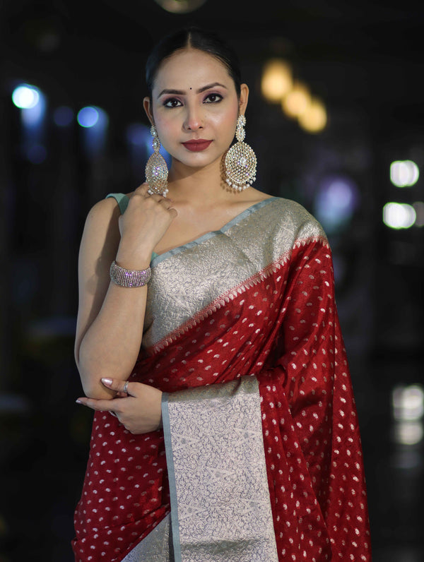 Banarasee Semi Chiffon Saree With Buti Design & Contrast Zari Border-Maroon & Mint Blue
