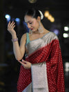 Banarasee Semi Chiffon Saree With Buti Design & Contrast Zari Border-Maroon & Mint Blue