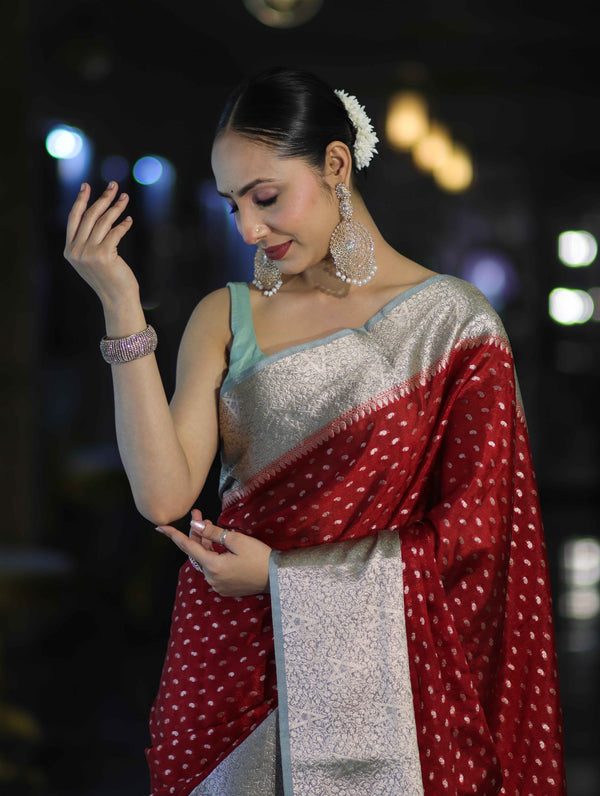 Banarasee Semi Chiffon Saree With Buti Design & Contrast Zari Border-Maroon & Mint Blue
