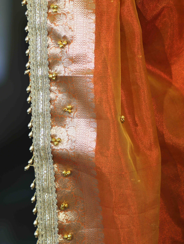 Banarasee Handwoven Tissue Saree With Embroidered Ghungroo Work-Rust (Dual Tone)