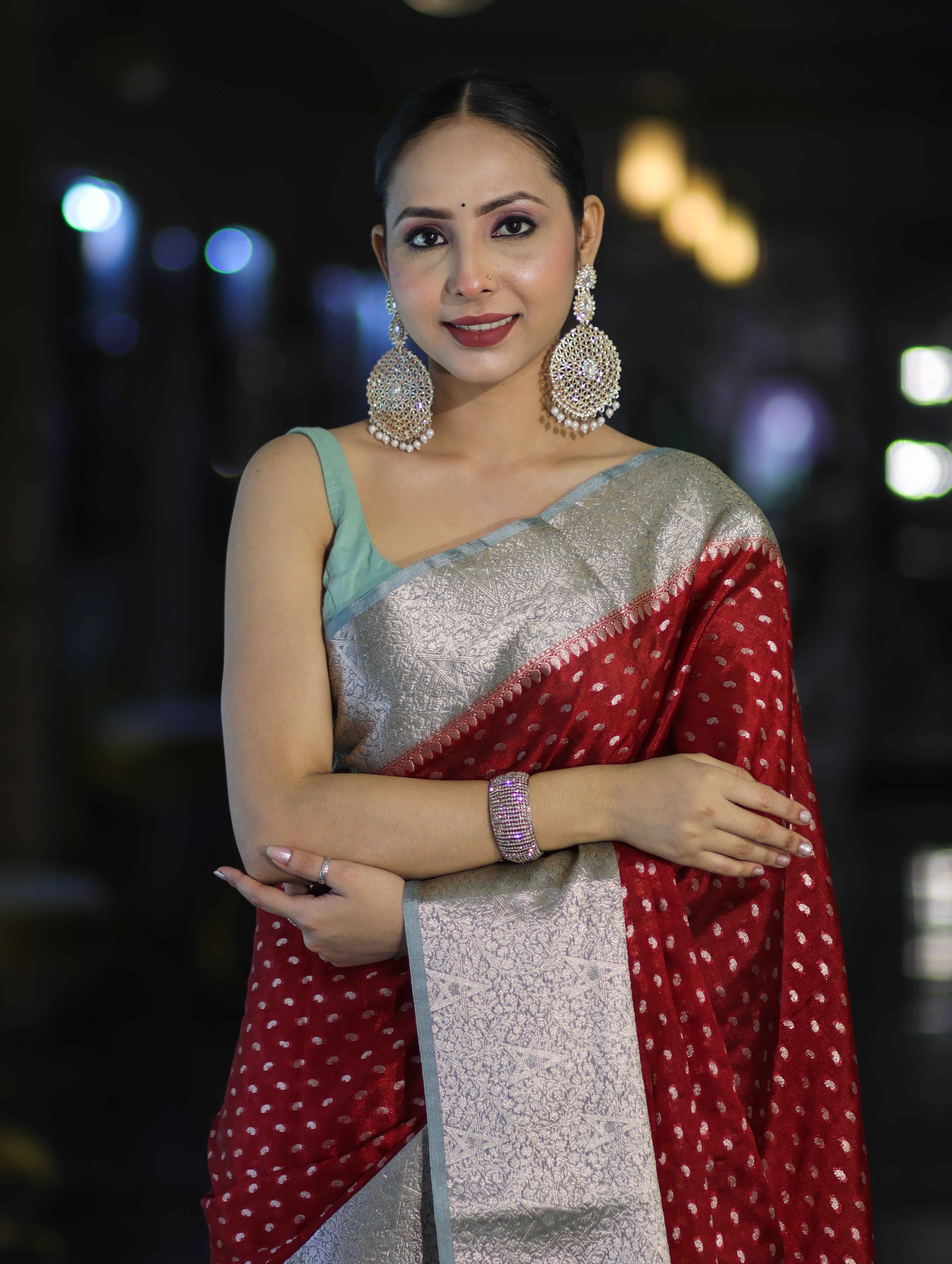 Banarasee Semi Chiffon Saree With Buti Design & Contrast Zari Border-Maroon & Mint Blue