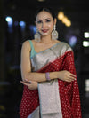 Banarasee Semi Chiffon Saree With Buti Design & Contrast Zari Border-Maroon & Mint Blue