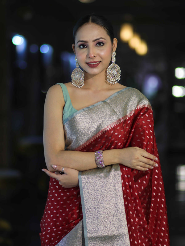 Banarasee Semi Chiffon Saree With Buti Design & Contrast Zari Border-Maroon & Mint Blue