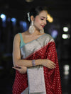 Banarasee Semi Chiffon Saree With Buti Design & Contrast Zari Border-Maroon & Mint Blue