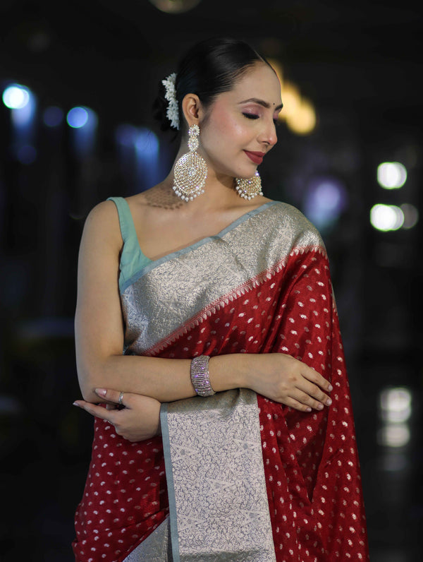 Banarasee Semi Chiffon Saree With Buti Design & Contrast Zari Border-Maroon & Mint Blue