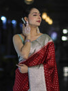 Banarasee Semi Chiffon Saree With Buti Design & Contrast Zari Border-Maroon & Mint Blue