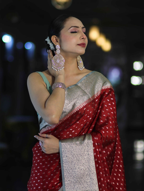 Banarasee Semi Chiffon Saree With Buti Design & Contrast Zari Border-Maroon & Mint Blue