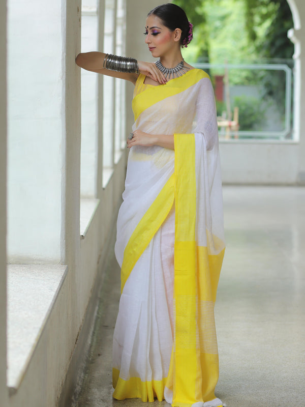 Banarasee Handloom Pure Linen Saree With Contrast Border-White & Yellow