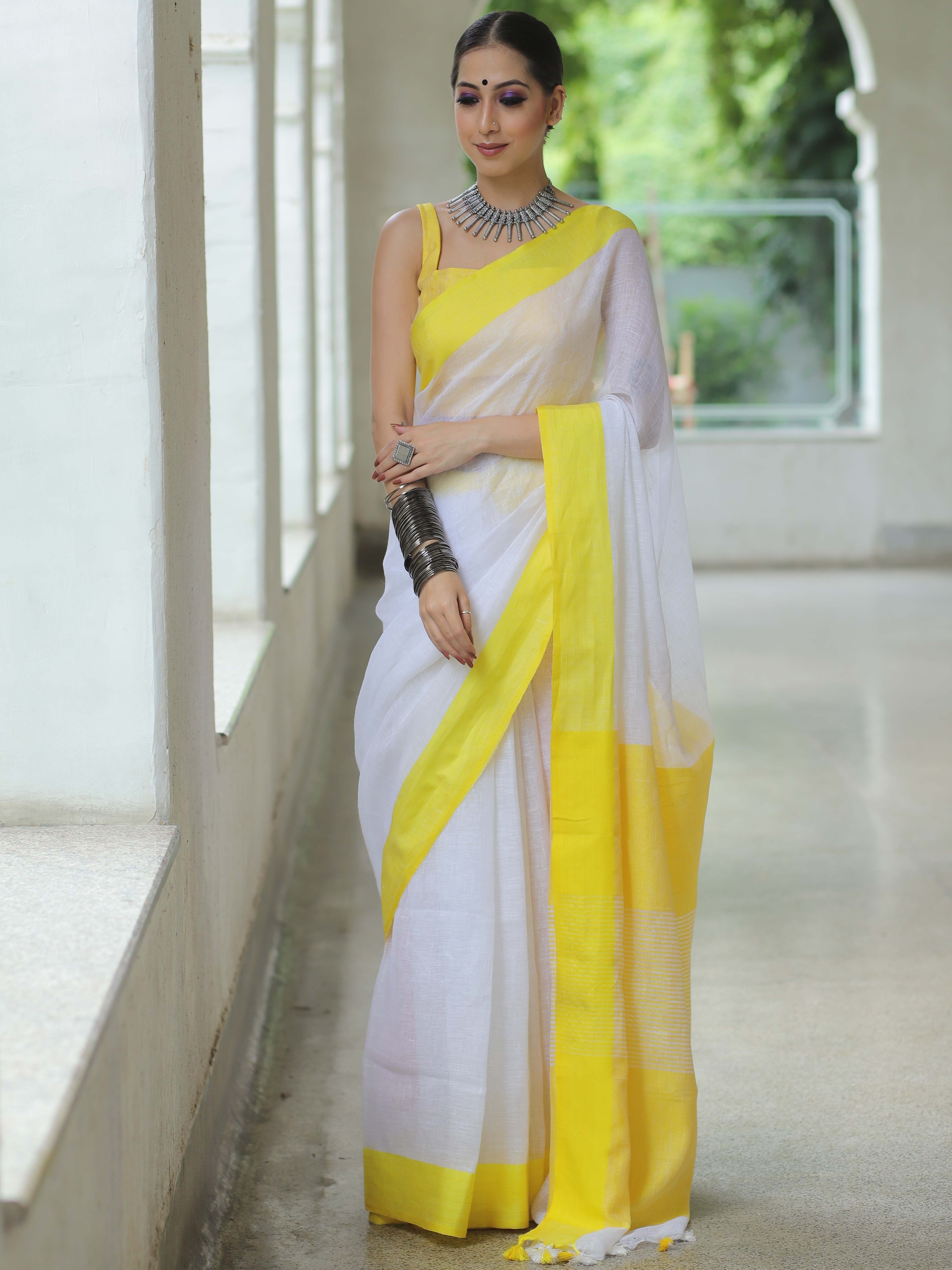Banarasee Handloom Pure Linen Saree With Contrast Border-White & Yellow