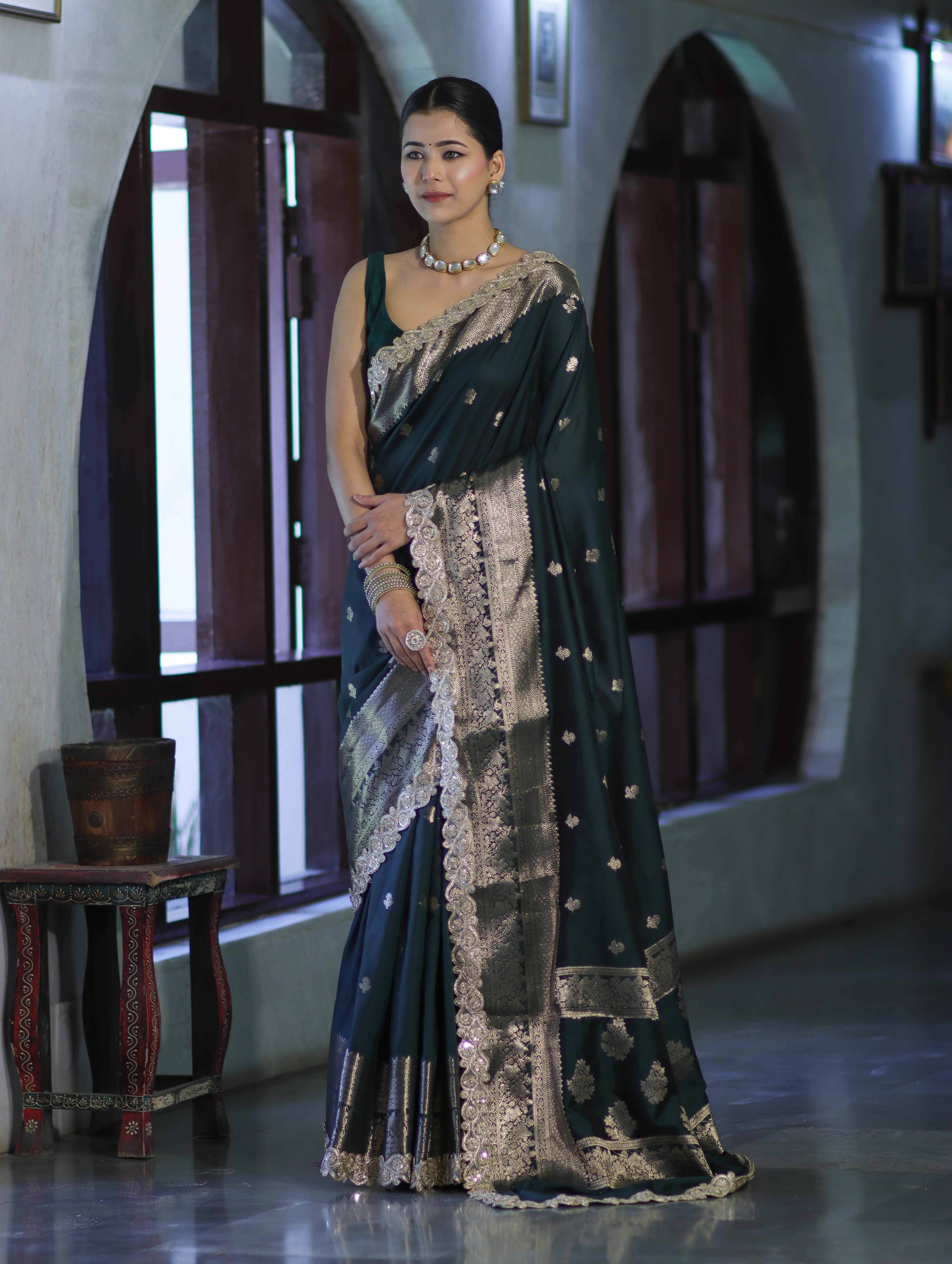 Banarasee Handloom Semi Silk Saree With Zari Buti Design & Lace Border-Deep Green