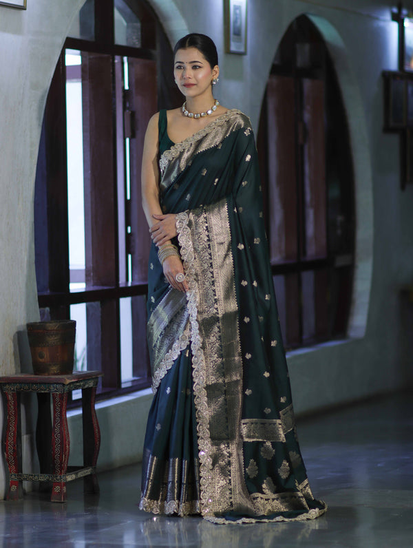 Banarasee Handloom Semi Silk Saree With Zari Buti Design & Lace Border-Deep Green