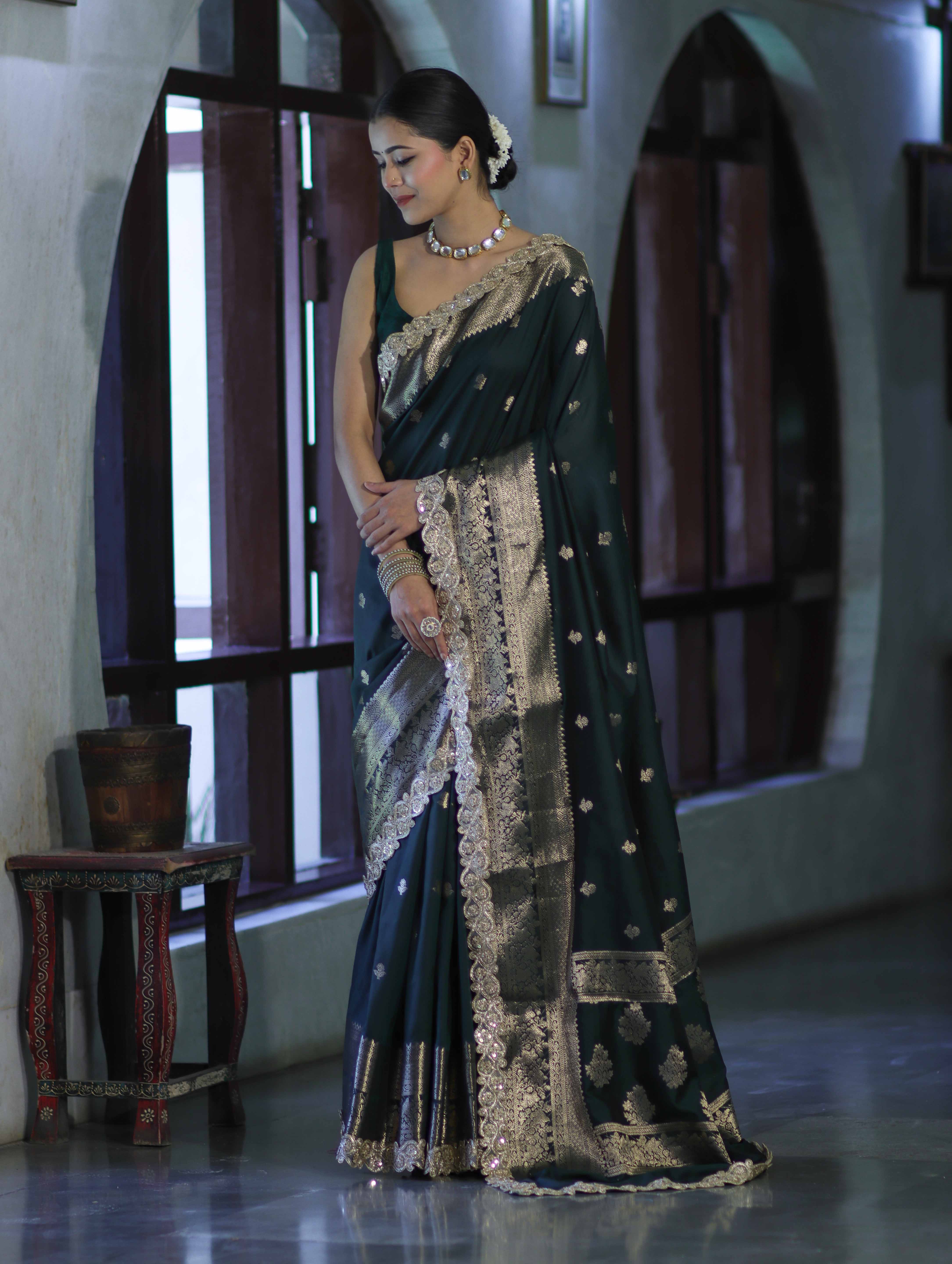 Banarasee Handloom Semi Silk Saree With Zari Buti Design & Lace Border-Deep Green
